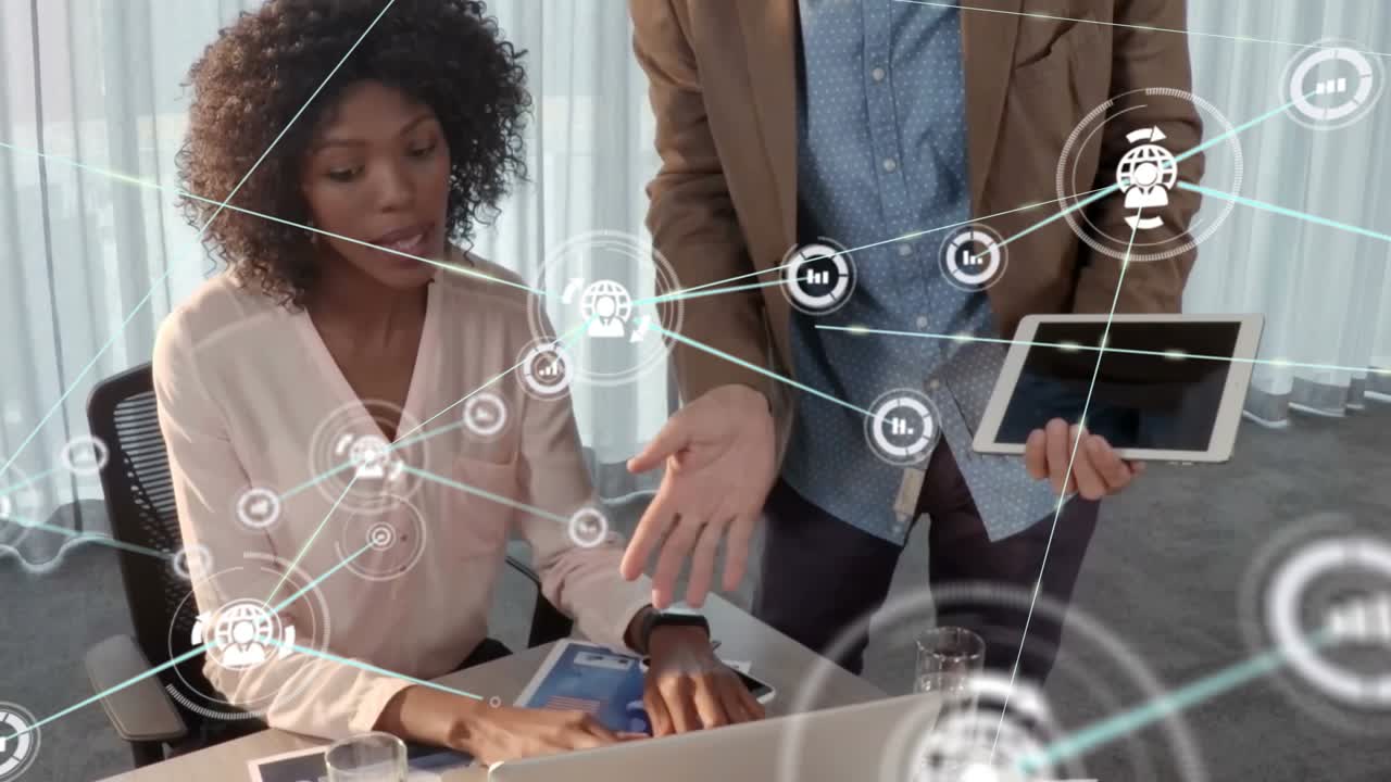 Animation of network of connections over diverse business people in office