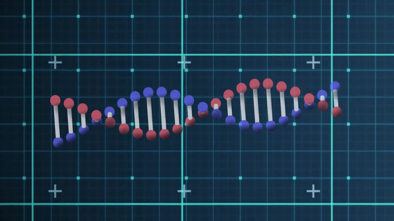 Rotating 3D DNA helix over blue grid with turquoise lines, crosshair markers and colored spheres