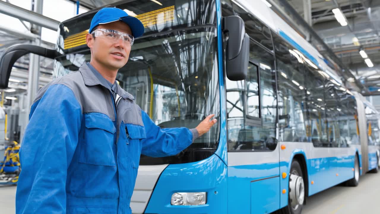 Técnico Dedicado Apresentando um Ônibus Moderno de Transporte Público em um Cenário Industrial, Destacando Inovação e Manutenção no Setor de Transportes