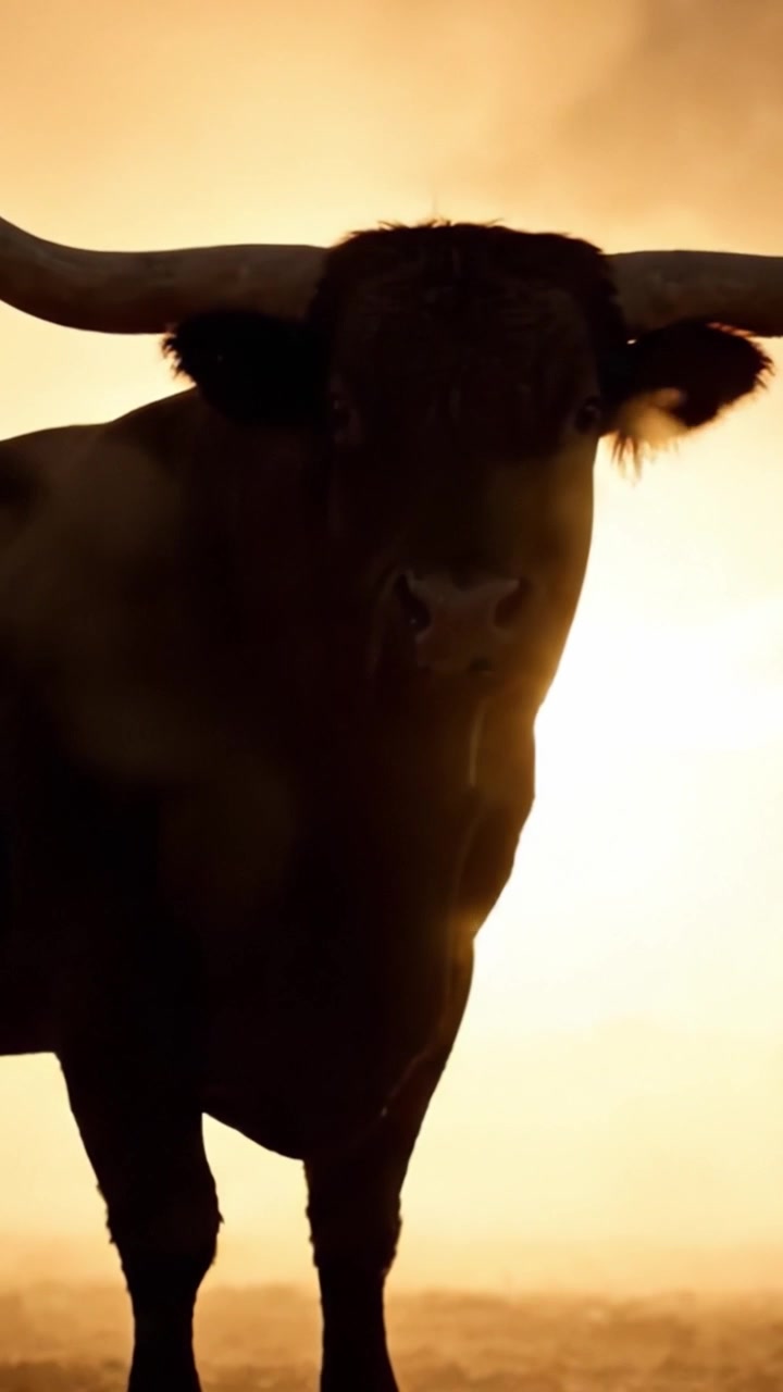 Maestosa sagoma di toro contro un tramonto dorato, che cattura l'essenza della forza e della libertà nell'abbraccio della natura