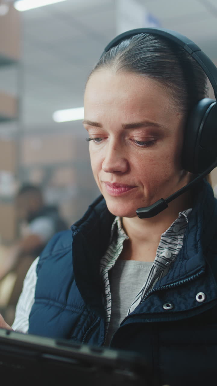 mujer con auriculares trabajando en una tableta en un almacén