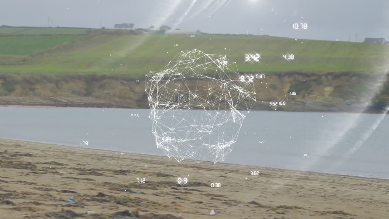Geometric network and data points animation over beach and coastal landscape