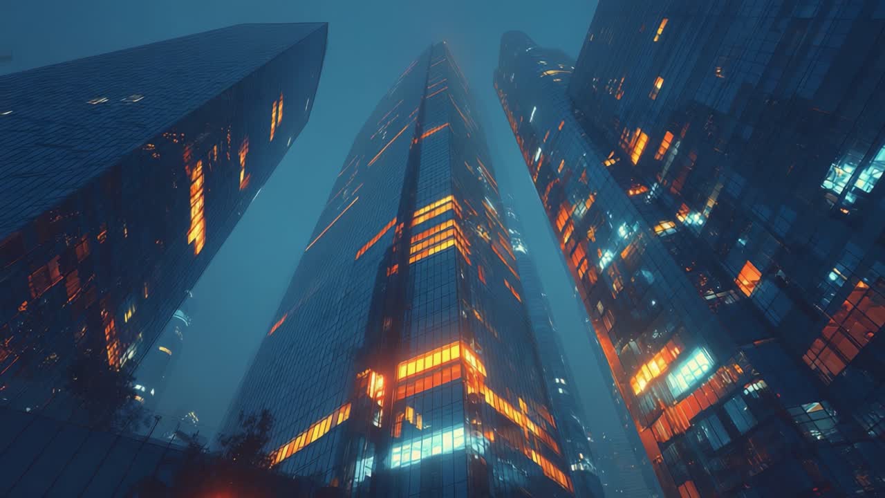 An Enigmatic Urban Scene: A Majestic View of Glass Skyscrapers Illuminated in Dusk with Glowing Windows and a Mystical Atmosphere Overhanging the Cityscape
