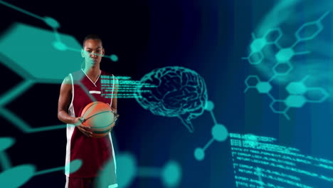 animación de cerebros digitales y procesamiento de datos sobre una jugadora de baloncesto que sostiene la pelota