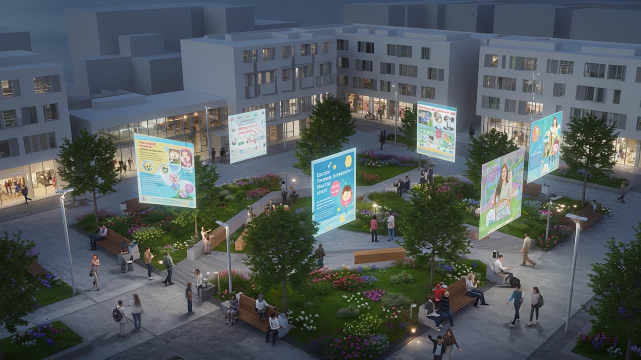 A Vibrant Urban Plaza at Dusk: A Lively Gathering Space Showcasing Colorful Digital Displays and Greenery in a Modern City Environment