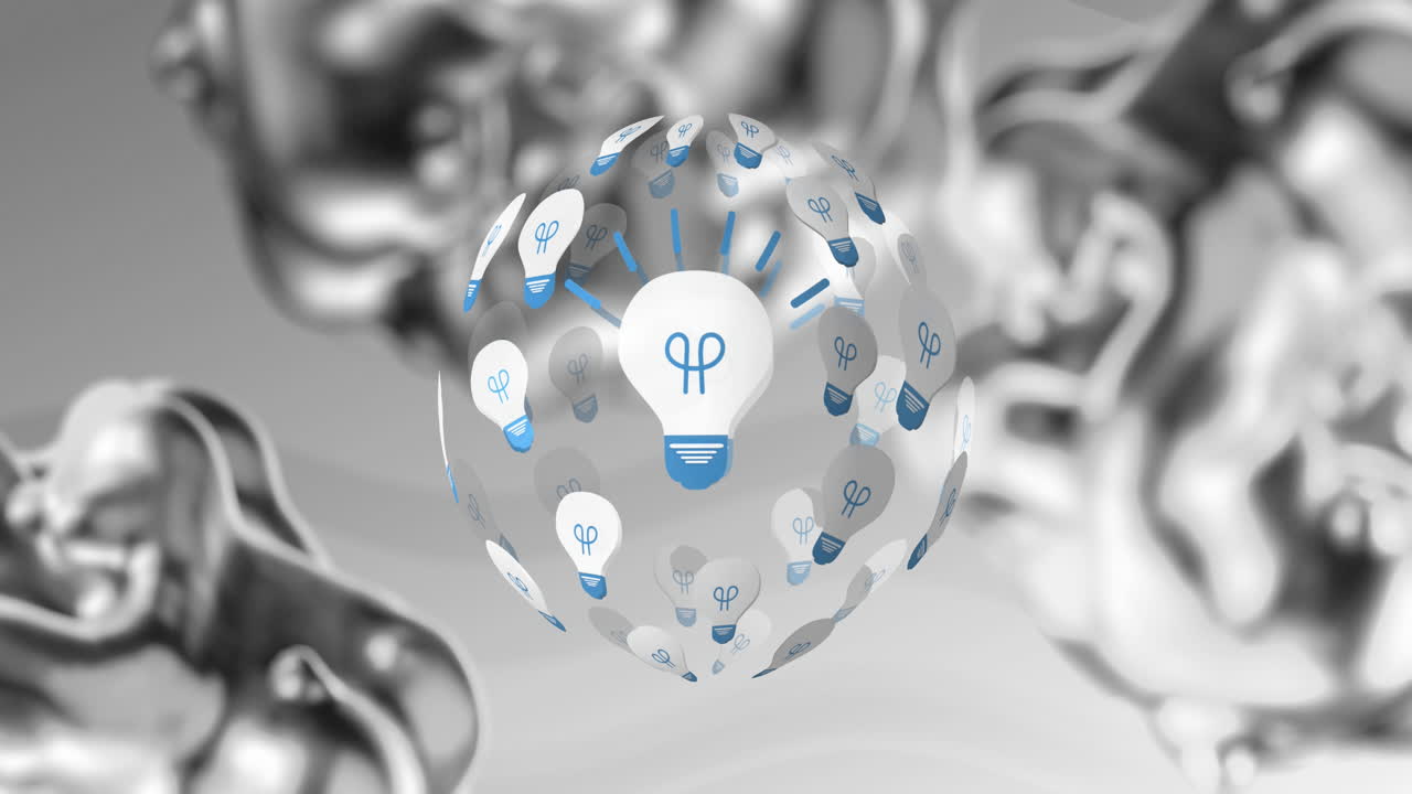 анимация прозрачной сферы с иконами лампочек на ней, вращающейся на волнистом сером фоне