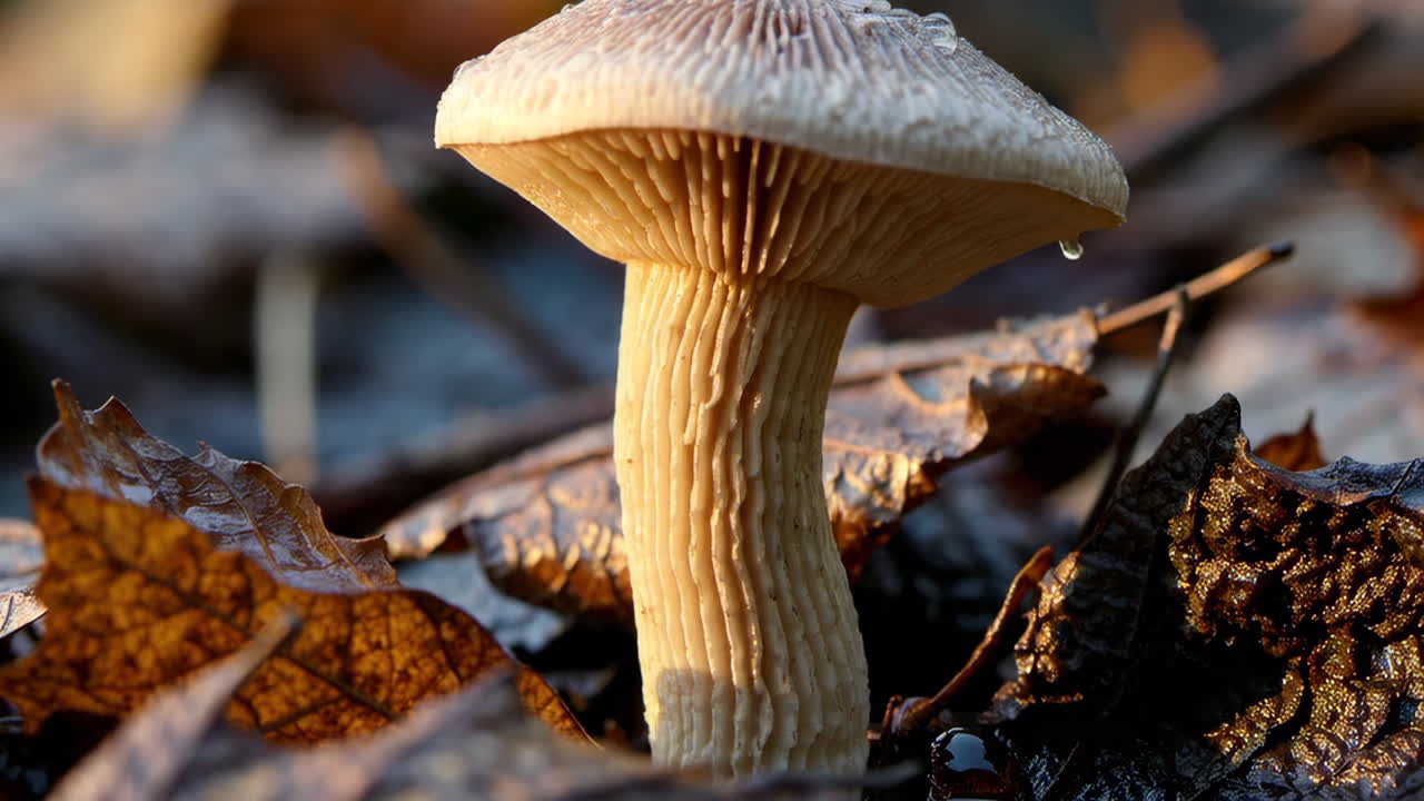 Close-up of a mushroom on the forest floor with autumn leaves