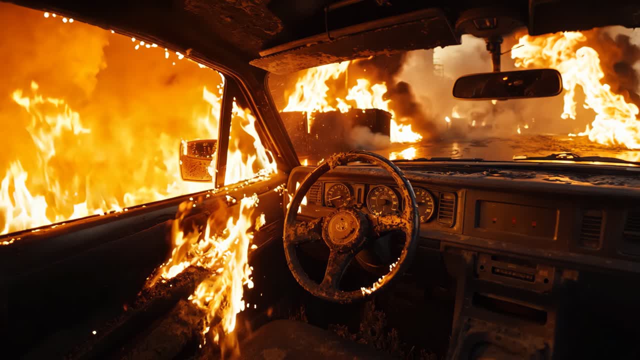 un coche está envuelto por llamas en el lado de la carretera