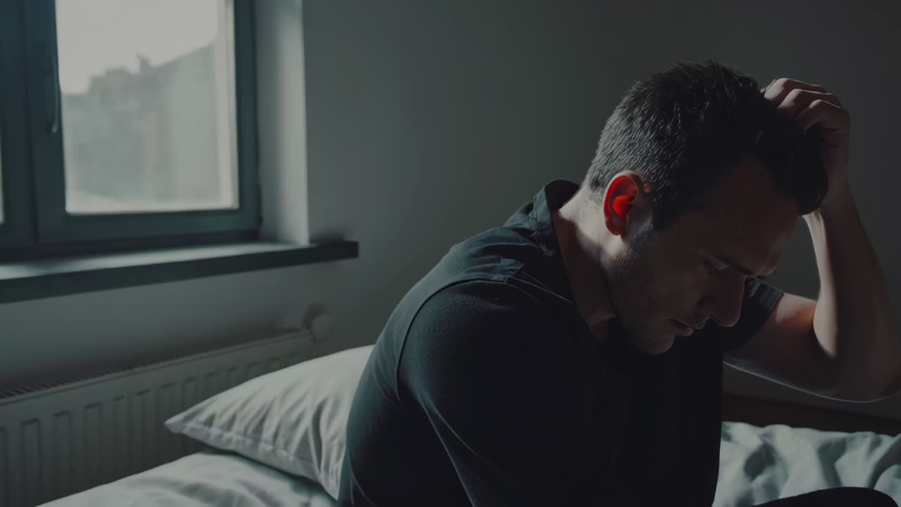 Man Sitting on Bed in Deep Thought