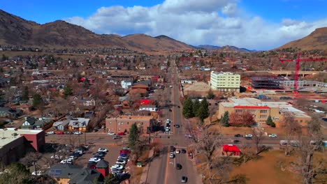 golden colorado aerial drone historic downtown golden gate canyon winter sunny morning afternoon blue sky highway 93 boulder flat irons clear creek river canyon crane buildings cars forward motion