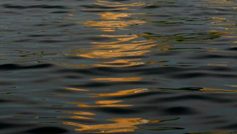 orange and yellow lights reflect smooth rippling dark water