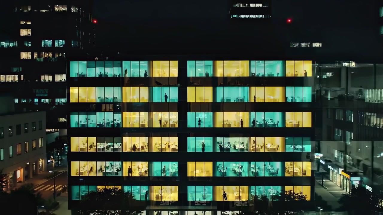 Aerial View of Modern Office Building at Night