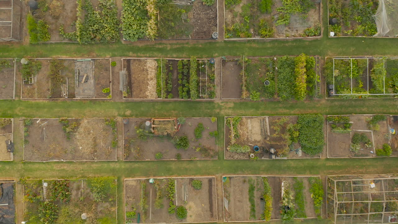 커뮤니티 정원 공간 위의 느린 대각선 팬