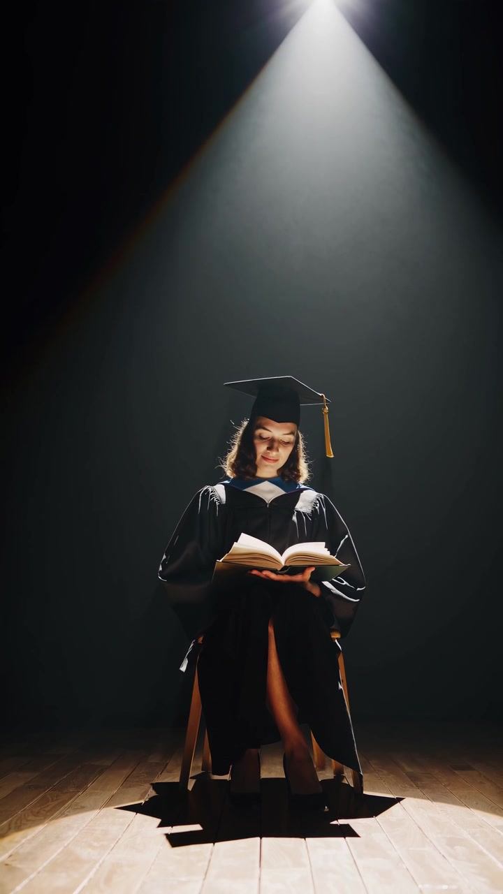 Laureata che legge un libro sotto un riflettore