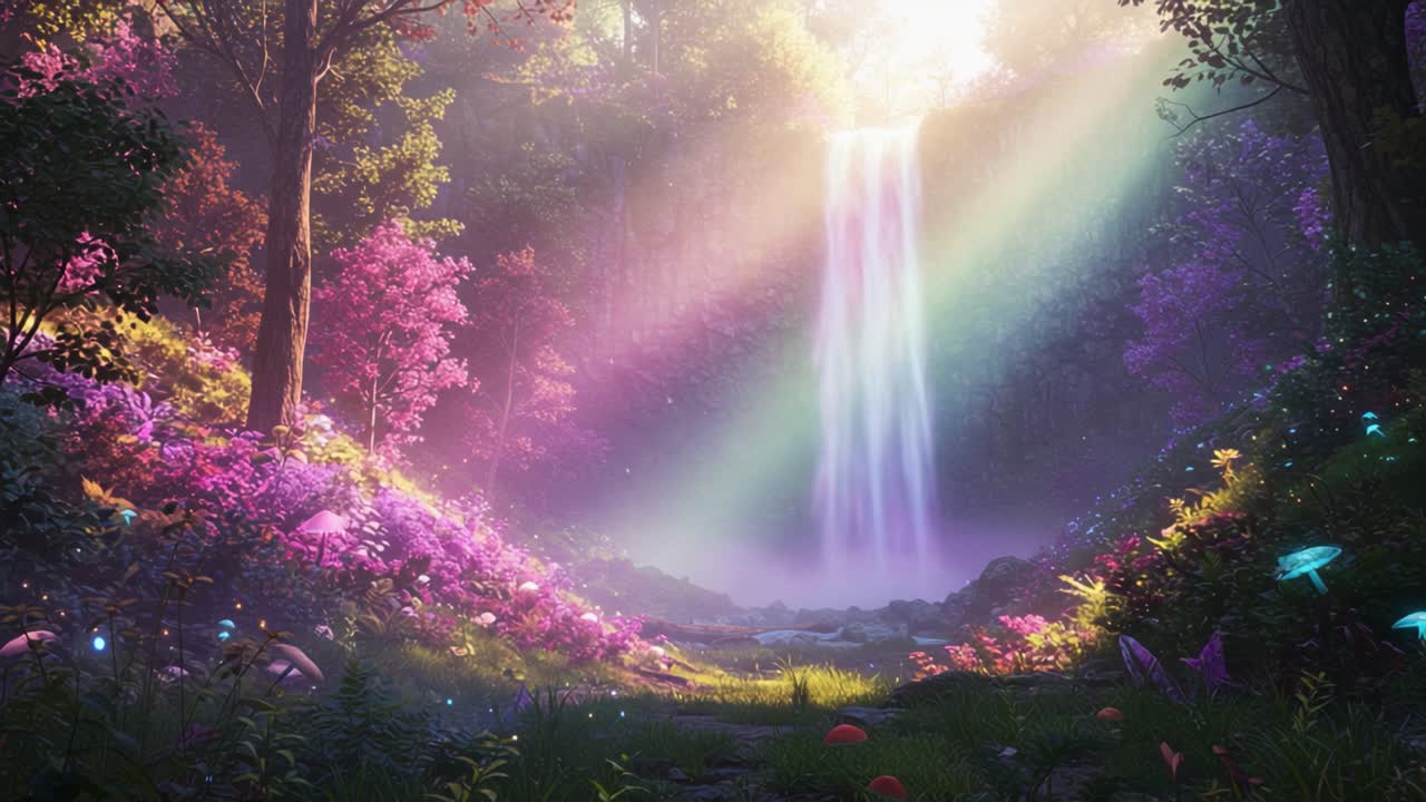 A Captivating Enchanted Waterfall Scene Surrounded by Lush Flora and Vibrant Colors, Perfect for Nature Lovers Seeking Serenity and Inspiration