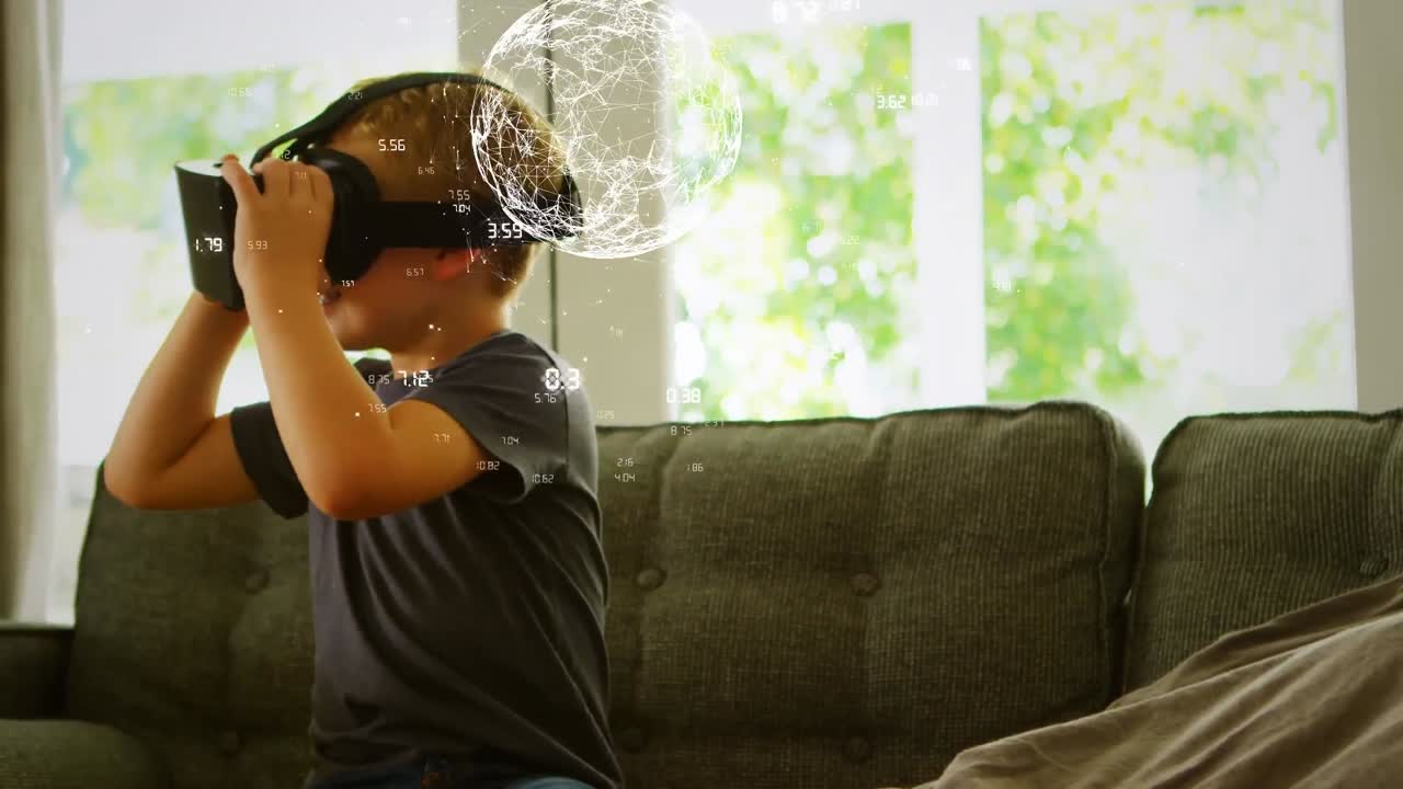 Animation of network of connections, globe and data processing over boy in vr headset
