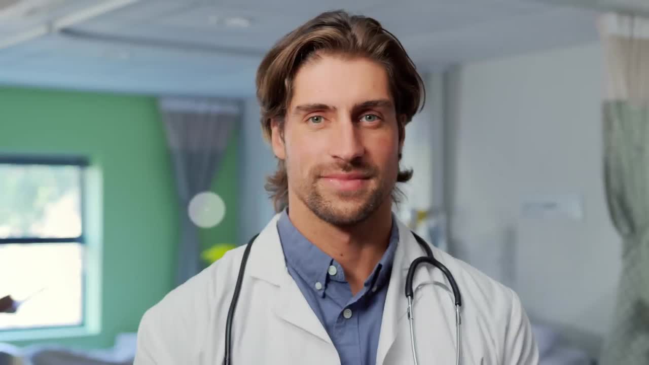 Animación de números cambiantes e iconos de perfil sobre un médico caucásico sonriendo en el hospital