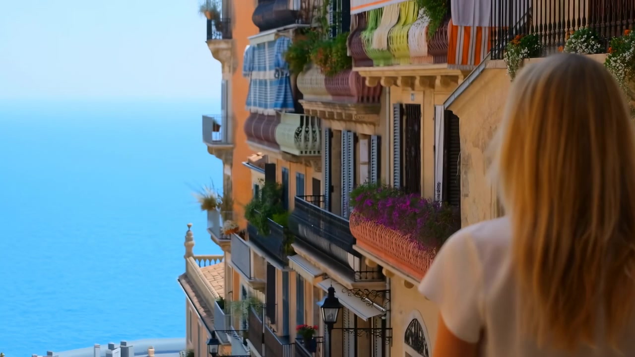 Una vista posteriore segue una donna che scende lungo una stretta via residenziale, mentre acqua blu brillante si estende davanti, con tende a strisce, piante da balcone, tetti in tegole e una calda luce diurna.