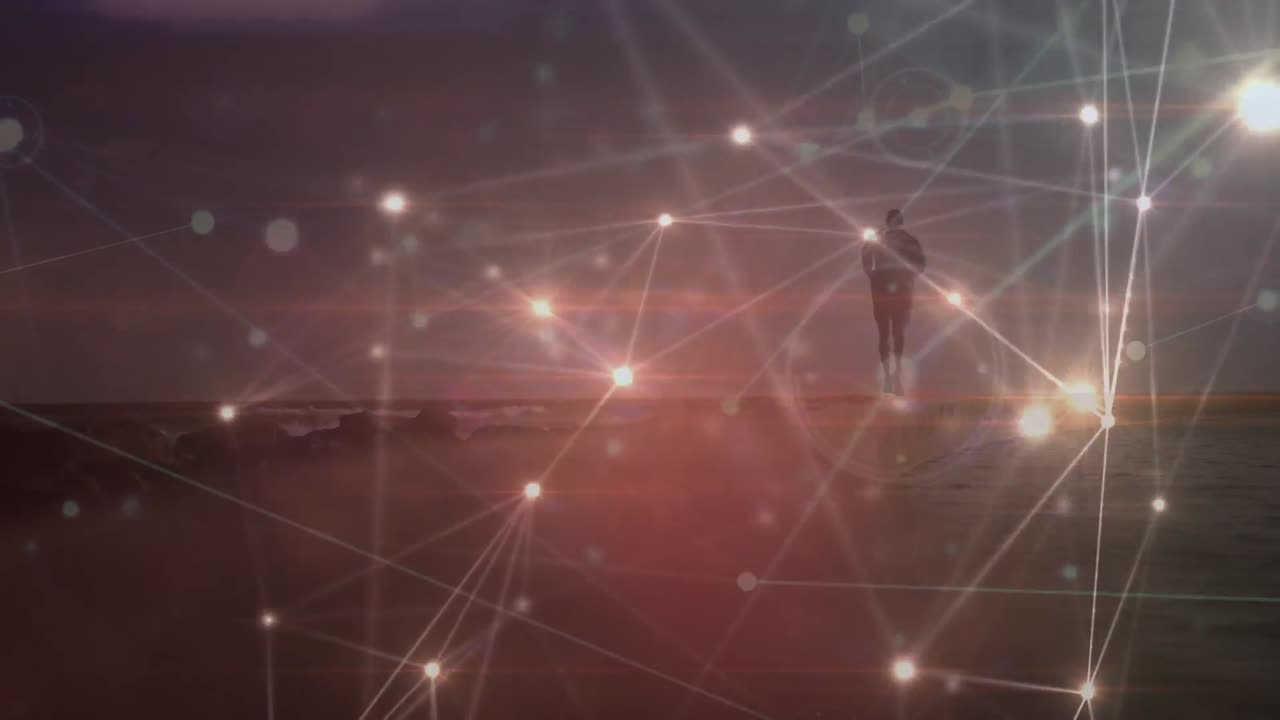 animación del procesamiento de datos y puntos de luz sobre el hombre corriendo