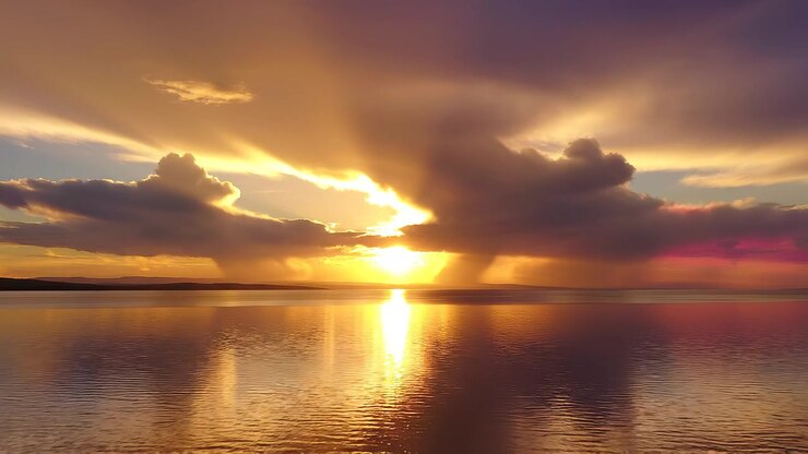 Golden Sunset Over Calm Ocean with Dramatic Stormy Clouds