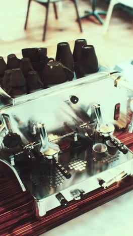 primer plano de una máquina de espresso brillante con tazas de café