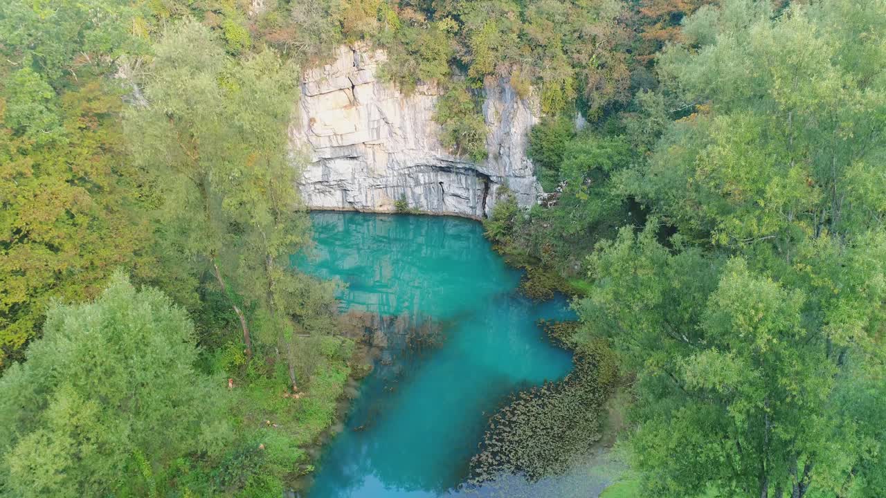 Aerial view of river Krupa Spring. Quiet waters and luxuriant forest , Semic. Pedestal Shot