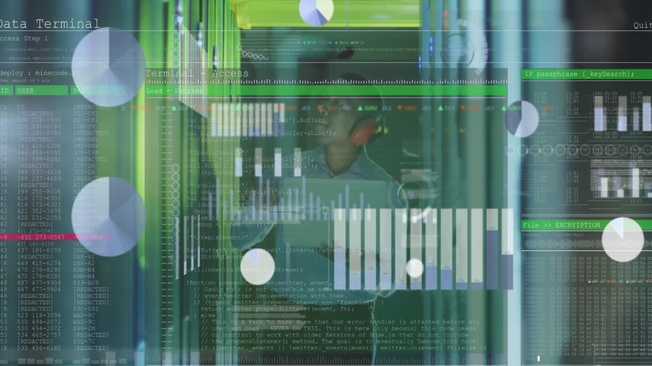 animación de procesamiento de datos contra un ingeniero afroamericano que trabaja en la sala de servidores