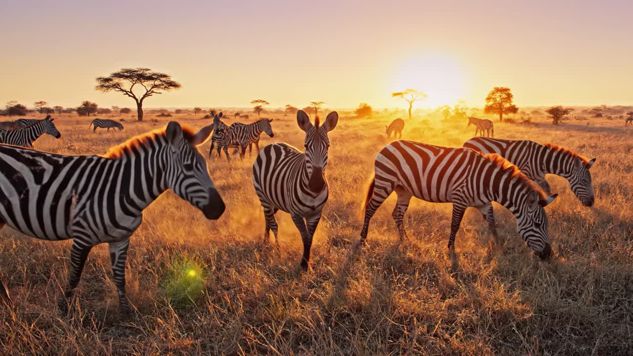Zebraer på den afrikanske savanne ved solnedgang