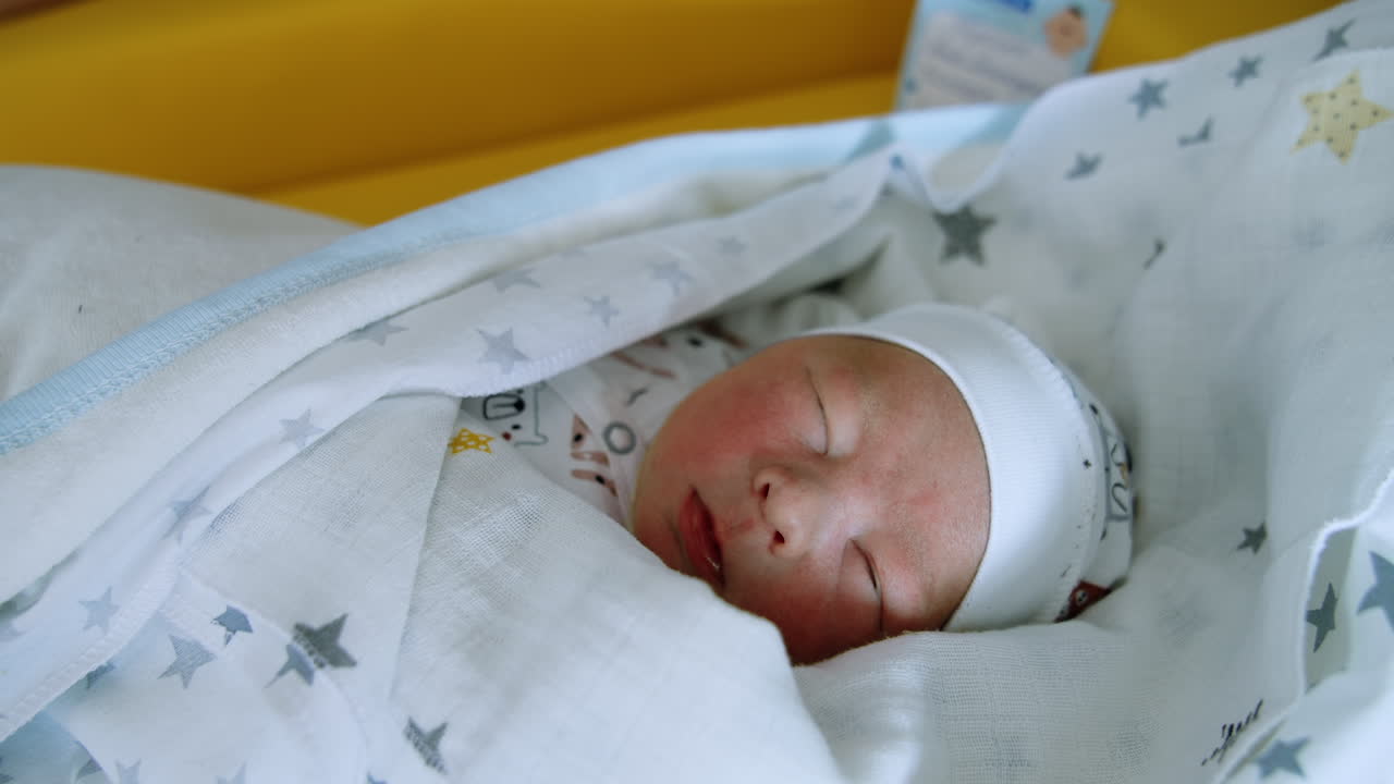 Few days old newborn baby in a cap, shirt and blankets. Adorable child opens mouth in a sleep. Close up.