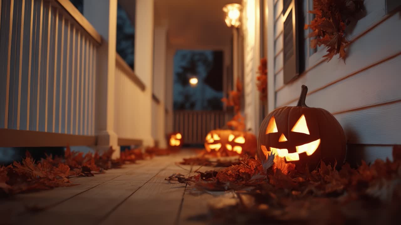 A Festive Halloween Display Featuring Glowing Jack-o'-Lanterns on a Cozy Porch Surrounded by Autumn Leaves and Warm Evening Lighting