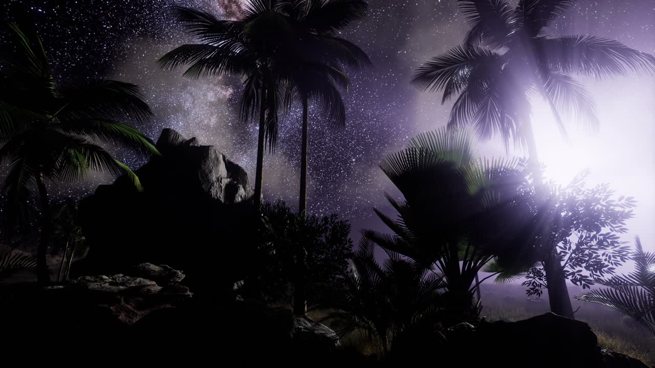 열대 우림 위에 있는 은하계의 4k 아스트로.