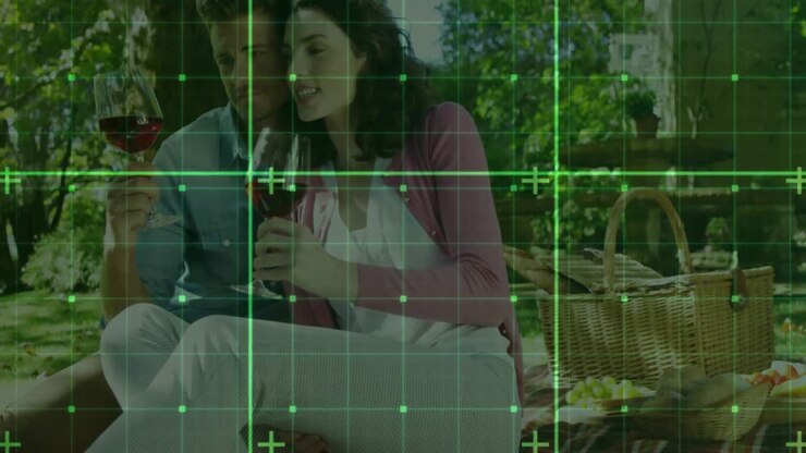 Coppia che arriva al luogo del picnic, stende la coperta, poi versa vino e fa tintinnare i bicchieri per uno spot alimentare.