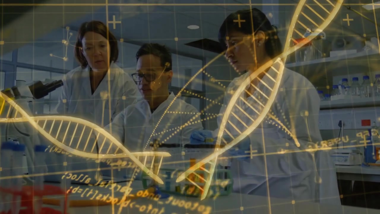 Three scientists working at research lab bench, displaying glowing DNA helix and grid overlays