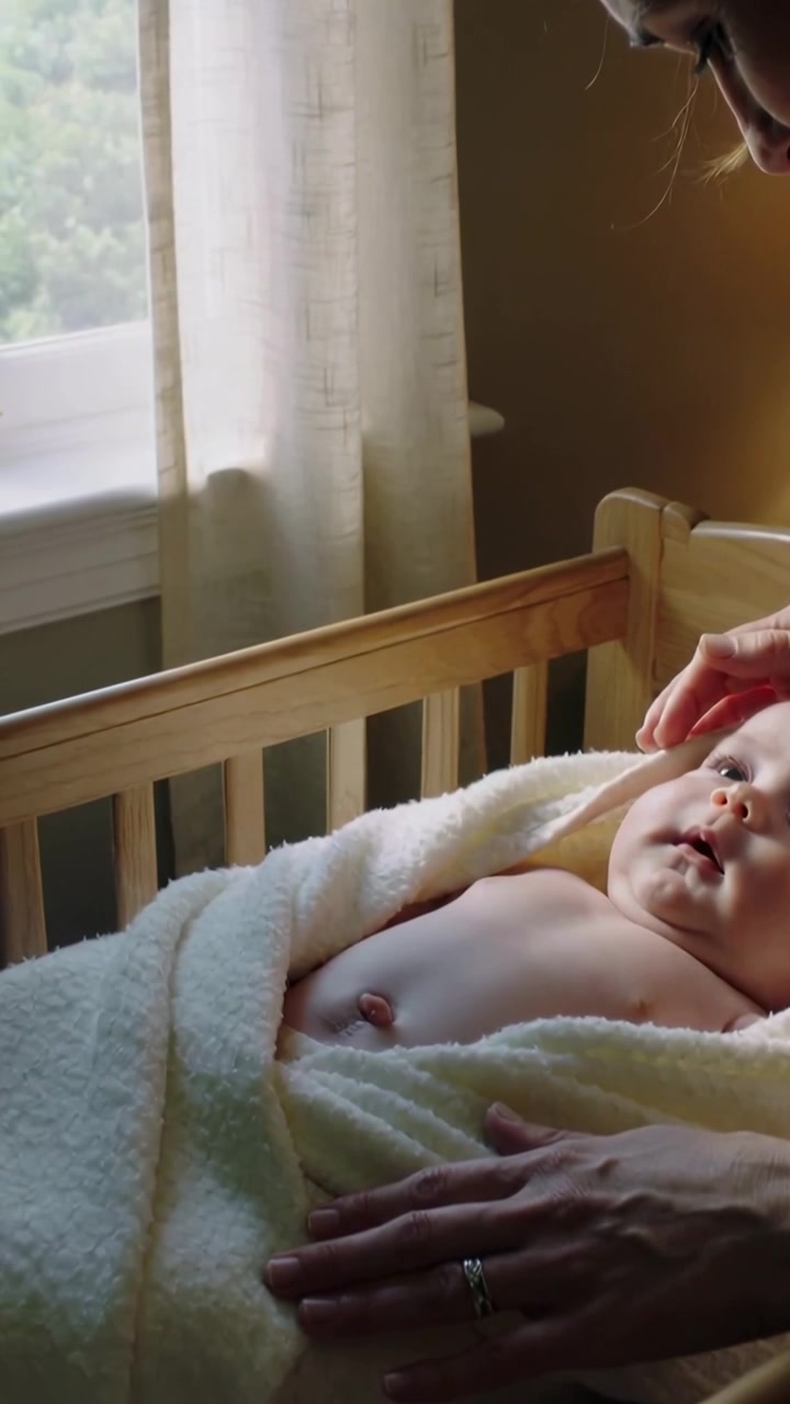 Vertical video: Leaning mom patting baby's head and tucking towel by window at home to calm, crib