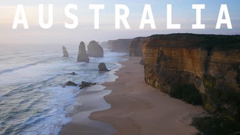 twelve apostles rock formation in australia overlaid with animated graphic spelling out australia