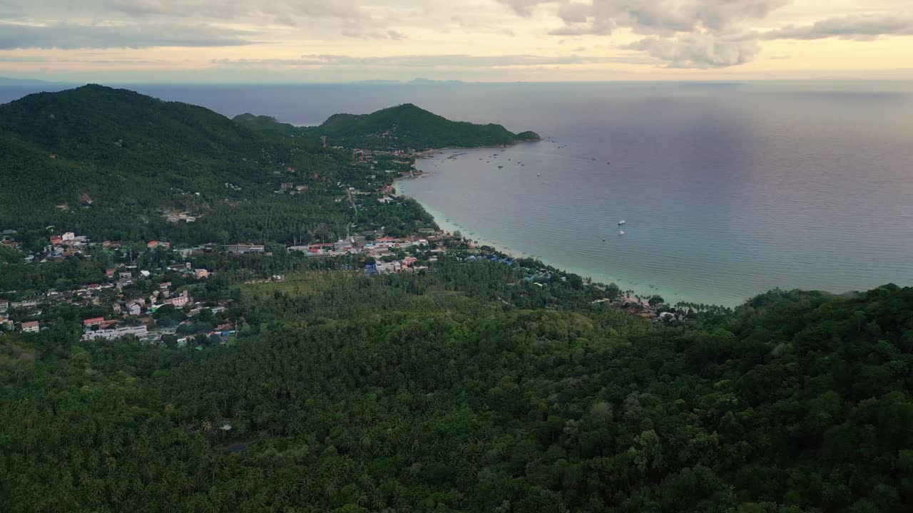 aerial of Koh Tao Thailand aerial view Sairee beach at sunset