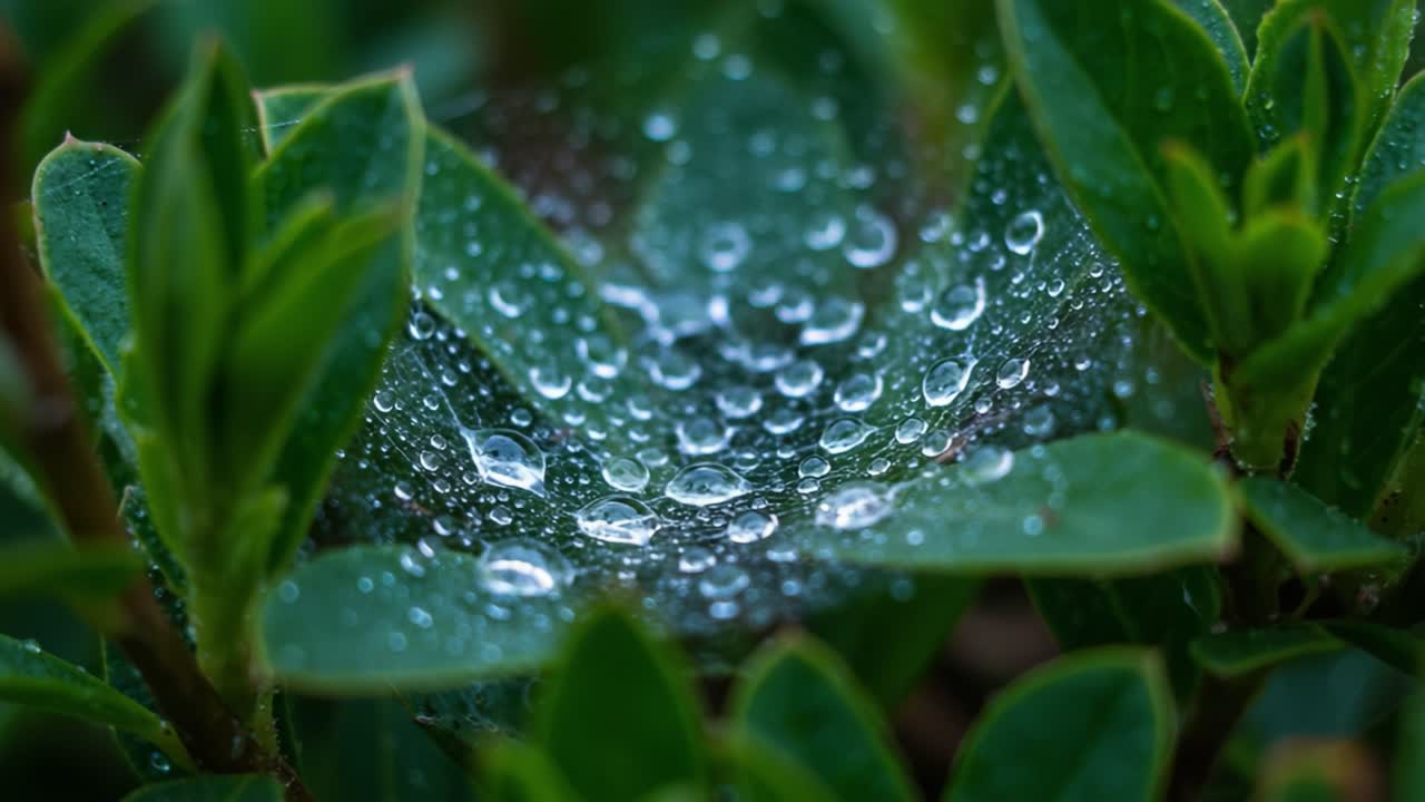 A Stunning Macro View of Dew Drops Forming on a Spider Web, Nestled Among Vibrant Green Leaves, Capturing Nature's Intricate Beauty and Refreshing Tranquility
