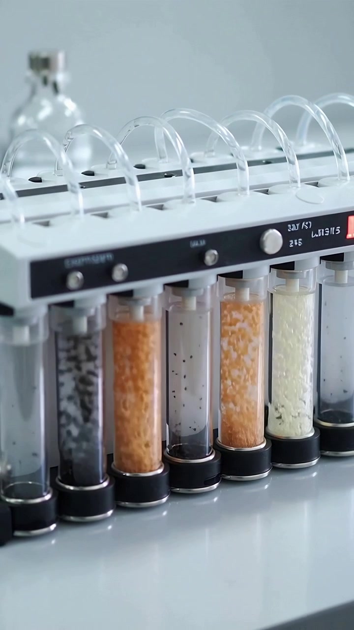 Vertical video: Starting panel, manifold pumping air through lab tubes, mixing granules for testing