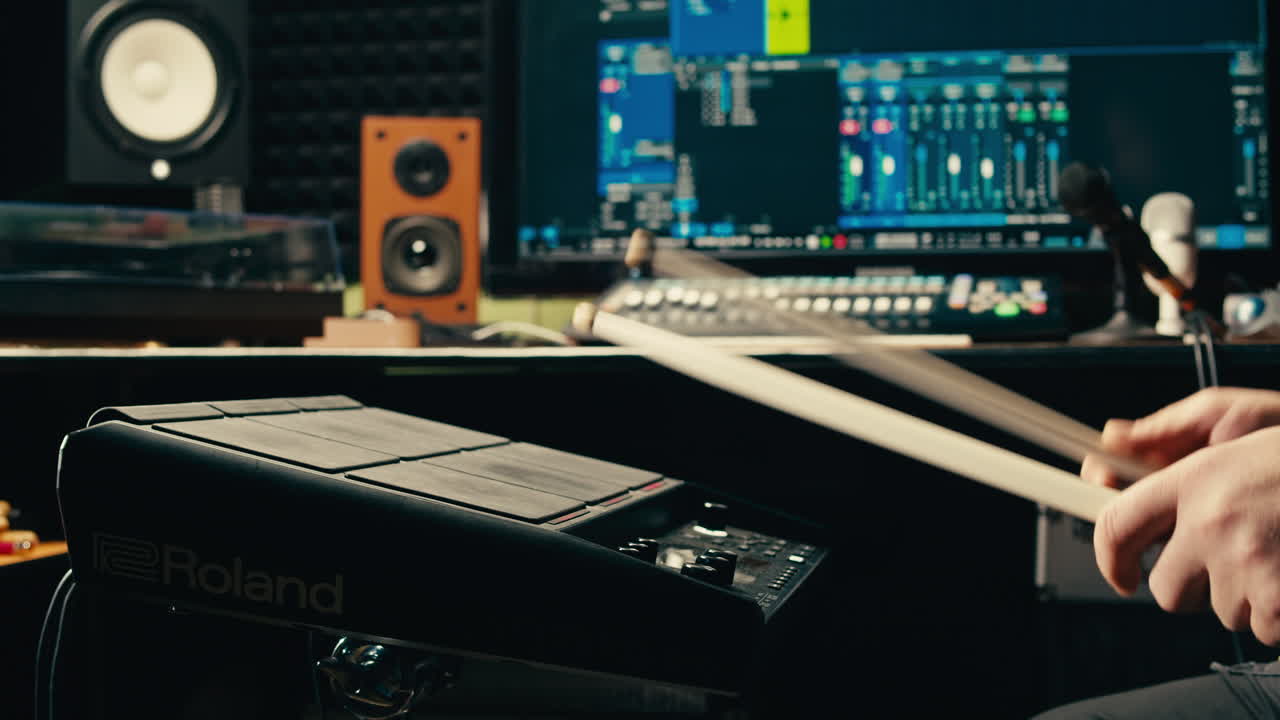 드럼 연주자는 음악 스튜디오에서 전자 드럼 키트를 연주하고, 리허설실에서 사운드 엔지니어와 함께 음악을 녹음합니다. 타악기 드럼 악기를 연주하는 수업. 록 음악 콘서트.