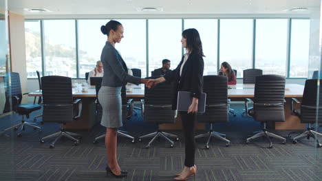 business women, handshake and success in meeting