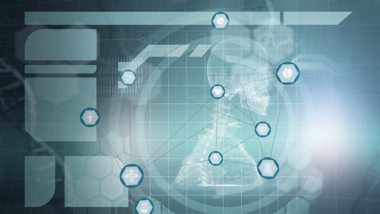 블루 배경의 의료 데이터 처리에 대항하는 디지털 아이콘 네트워크의 디지털 애니메이션