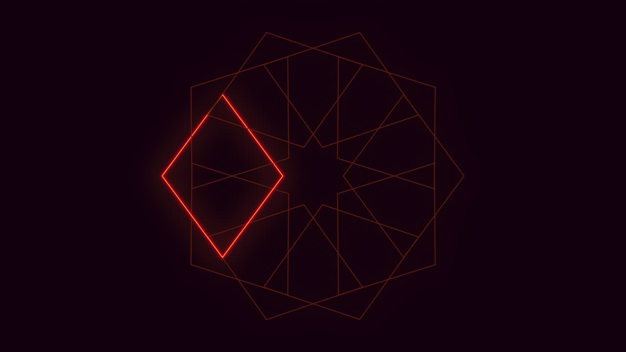 Geometric pattern of lines and shapes predominantly triangles and squares illuminated in bright red light, rendering a glowing effect captivating attention