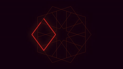 geometric pattern of lines and shapes predominantly triangles and squares illuminated in bright red light, rendering a glowing effect captivating attention