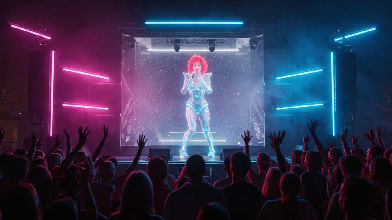 A Stunning Neon Performance: Captivating Visual Spectacle with a Holographic Performer Under Vibrant Lights and a Thrilled Audience in the Background