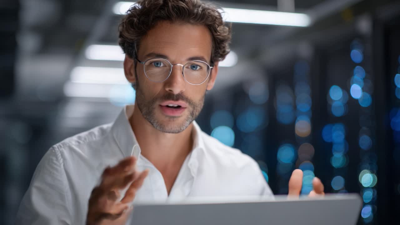 Focused Professional Engaged with Technology: A Serious Man Analyzing Data on His Laptop Among a Background of Soft Blue Lighting in a Modern Workspace