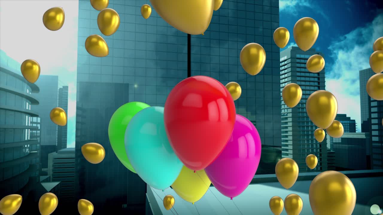 Animacja ikon balonów nad panoramą miasta.