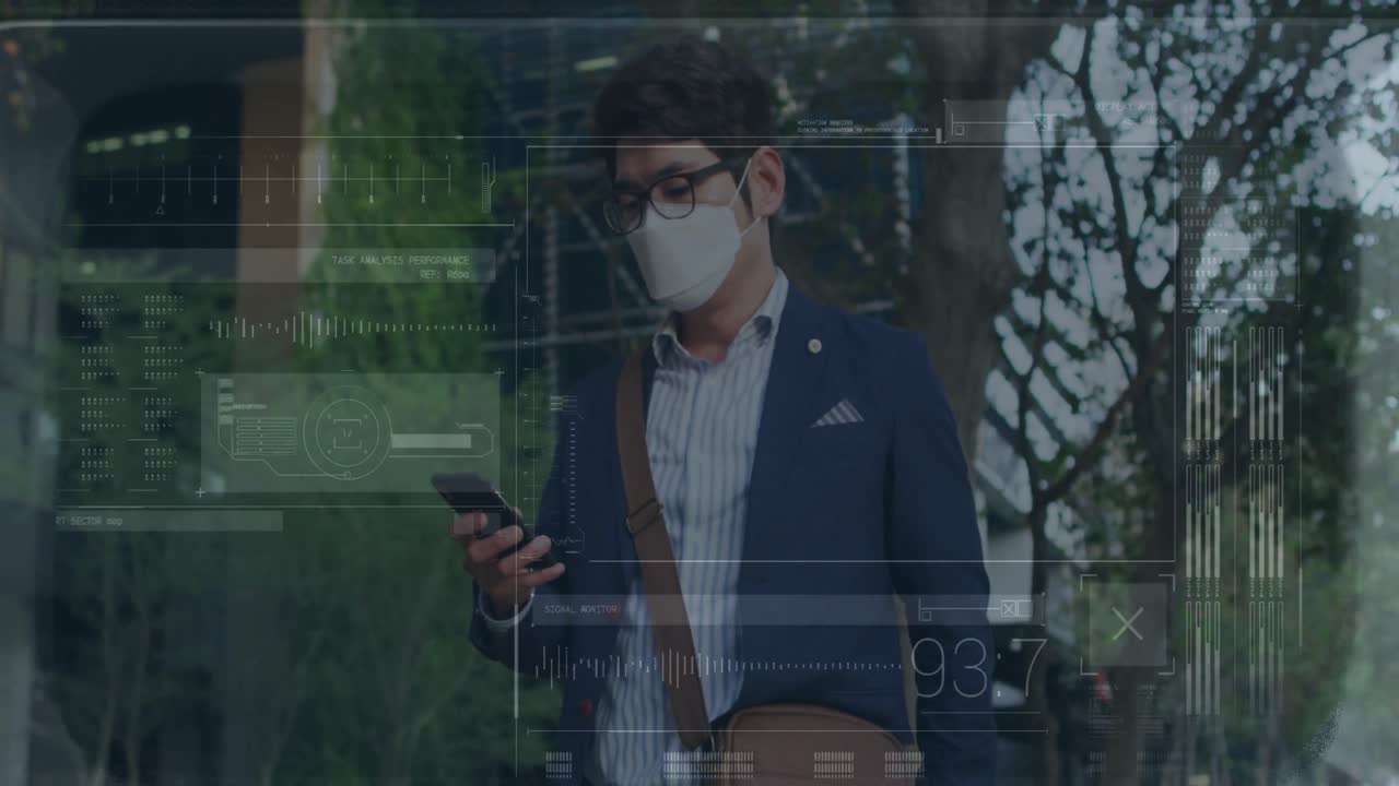 창고에서 일하는 미소 짓는 남자 위에 데이터 처리의 애니메이션