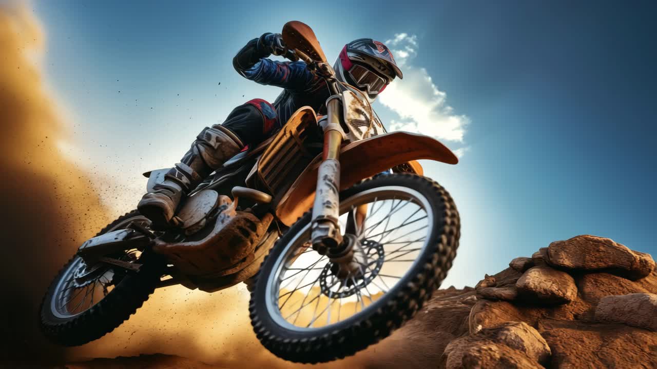Tomada dinâmica em ângulo baixo de um piloto de motocross levantando poeira em uma pista de terra, capturando a emoção