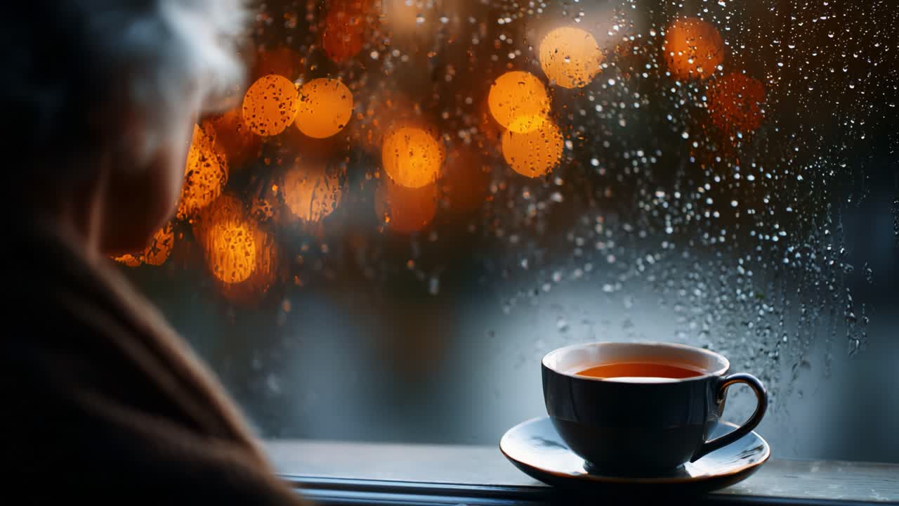 A tranquil moment of reflection by the window as rain gently cascades down, with a comforting cup of tea nestled on a windowsill, surrounded by warm glowing lights