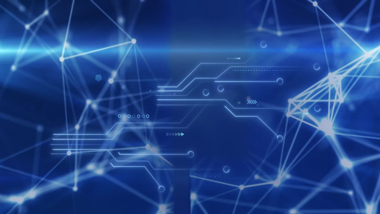 Animation of circuit board pattern over connected dots against abstract background